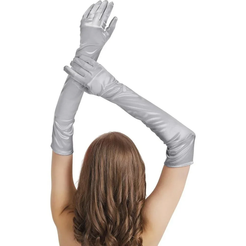 Women's Grey Long Imported Satin Elbow Length Halloween Cosplay Opera Gloves